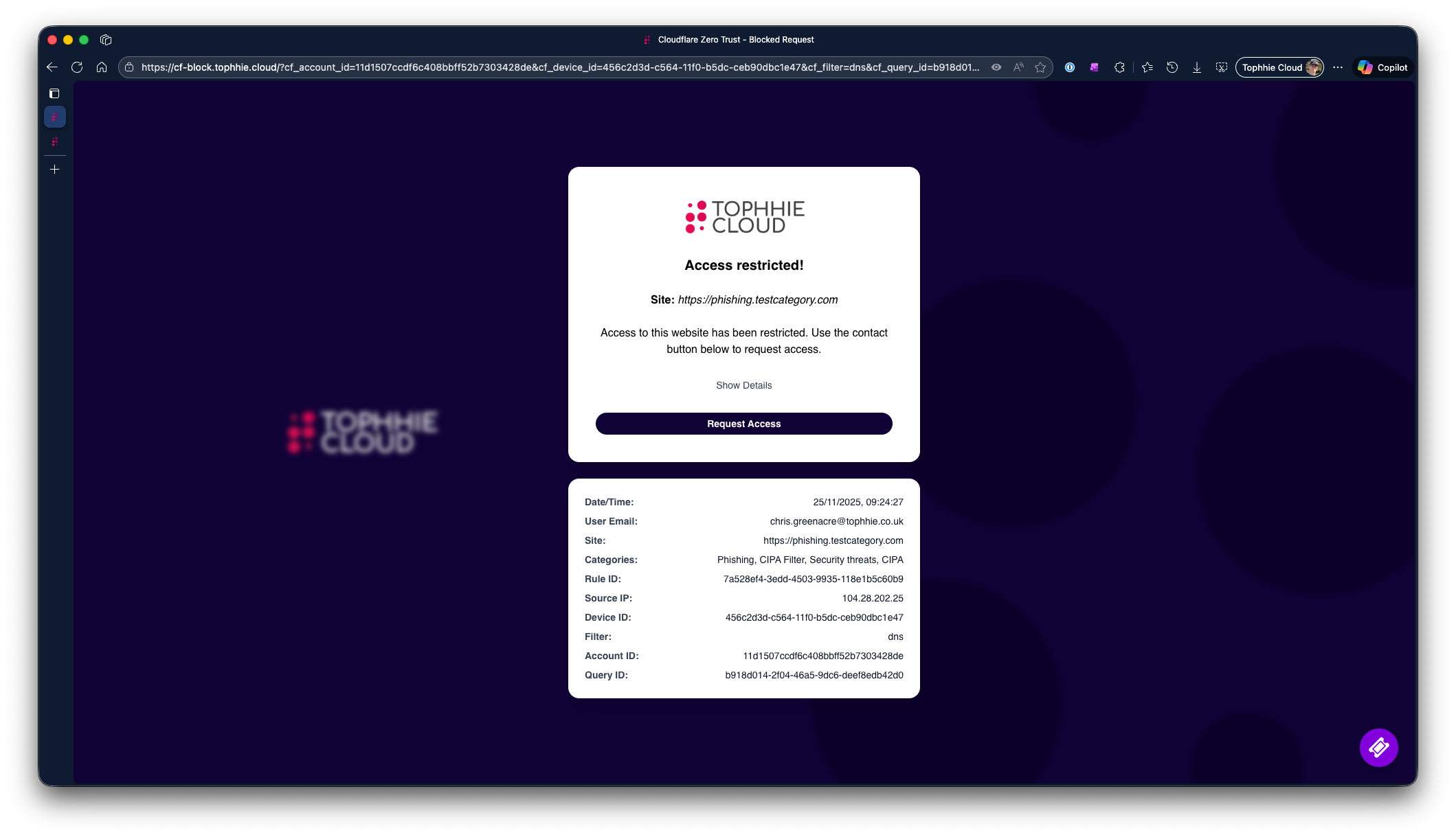 Screenshot of the Tophhie Cloud Cloudflare Zero Trust block page.